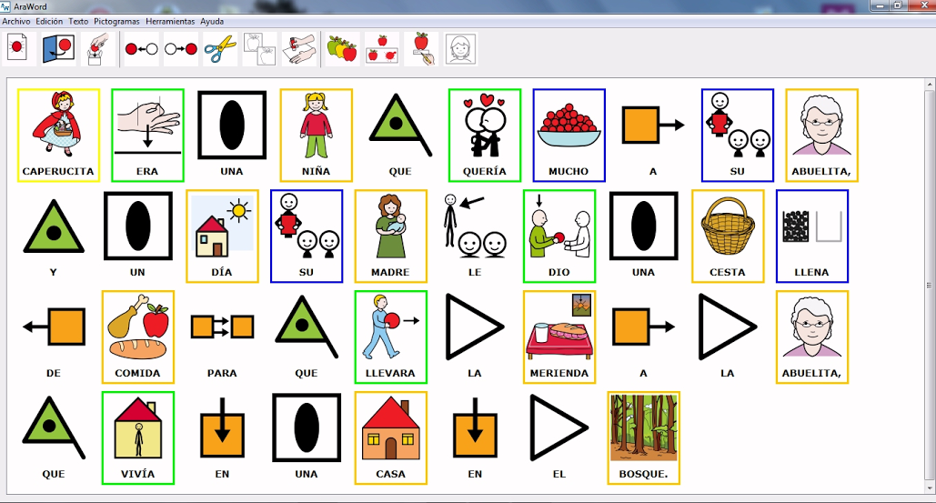 2.10 Captura de pantalla de AraWord en la que se puede ver escrito y traducido a pictogramas el principio del cuento de Caperucita