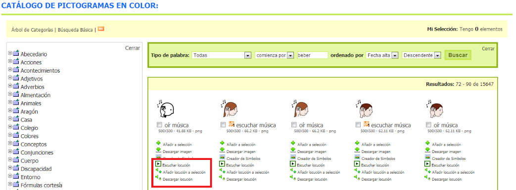 1.46 Acceso a las locuciones desde el catálogo de Pictogramas en color