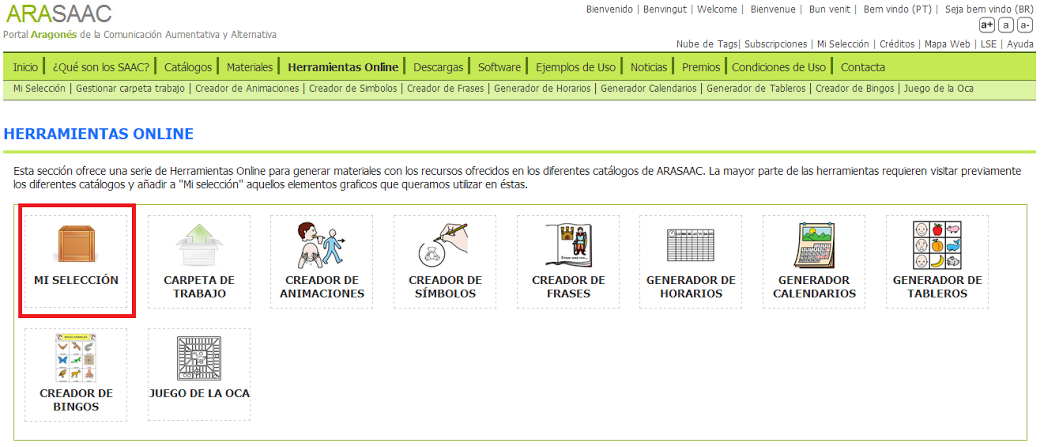 3.34 Página de Herramientas Online con botón de acceso a "Mi selección" resaltado