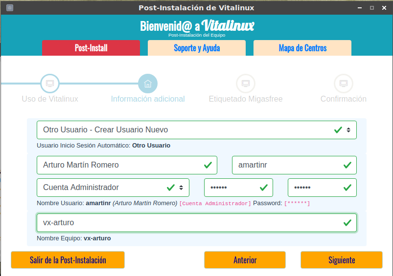 Al usar Vitalinux en un ámbito privado/casa, ¿Quieres crear tu propia cuenta de usuario? Puedes crear tu propia cuenta de usuario, con perfil de administrador e iniciar que inicie sesión de manera automática con dicha cuenta