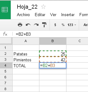 Figura 2_01 Captura de pantalla propia Operación Suma en una hoja de cálculo