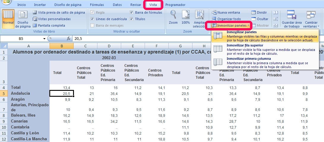 4\_01: Captura de pantalla propia - Inmovilizar paneles en Excel