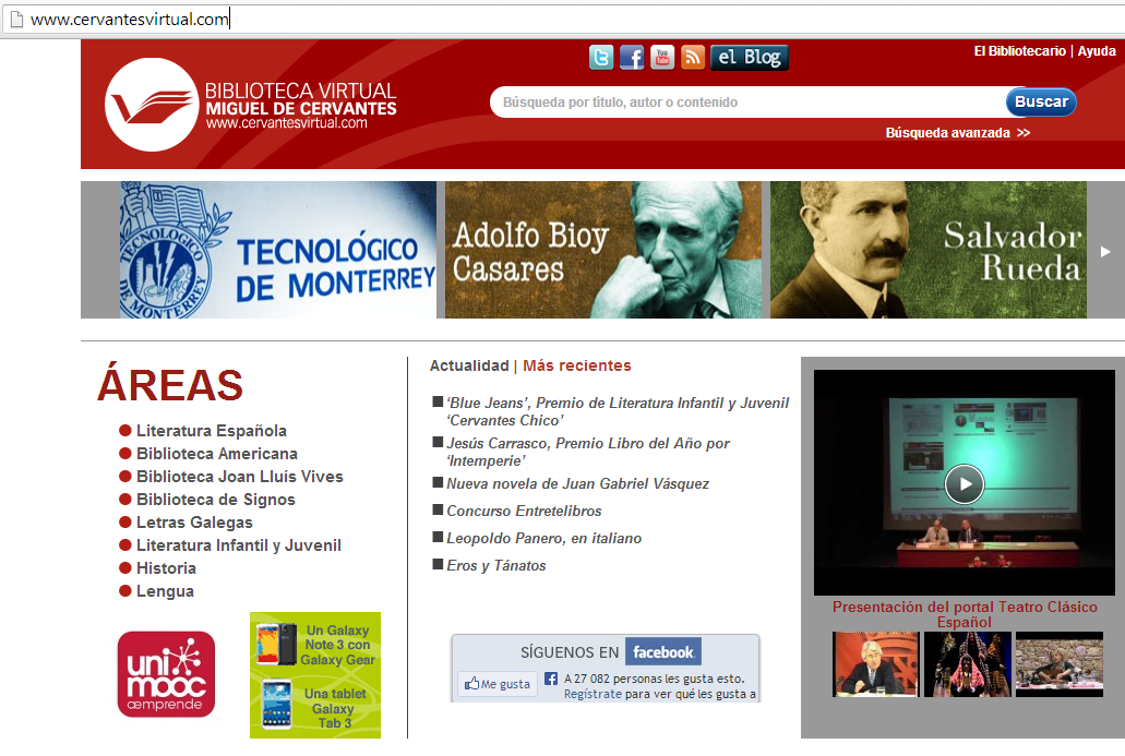 Página inicial de la Biblioteca Virtual Miguel de Cervantes
