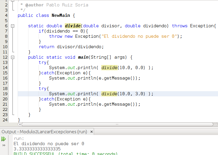 Ejemplo de código lanzando excepciones