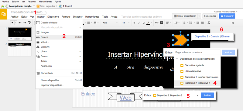 Enlazar a otra diapositiva en google Drive