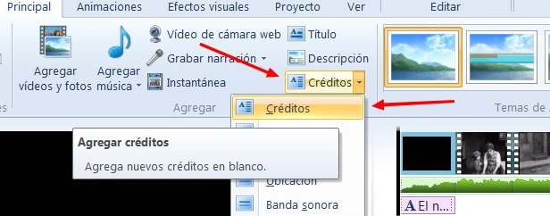 Menú principal. Insertar créditos en Movie Maker