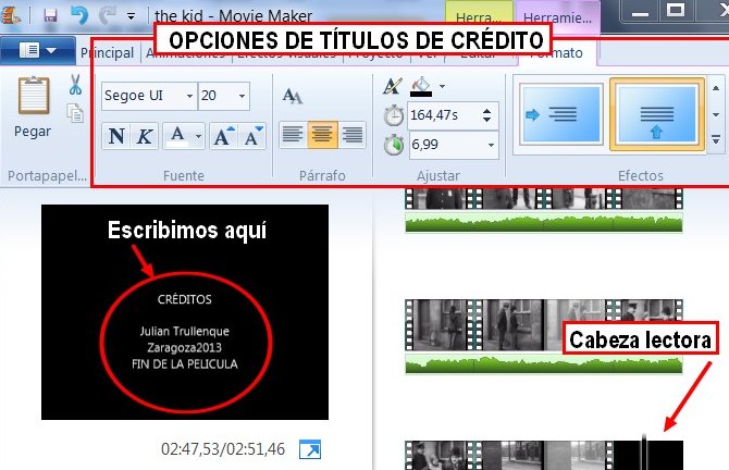 Opciones de títulos en Movie Maker