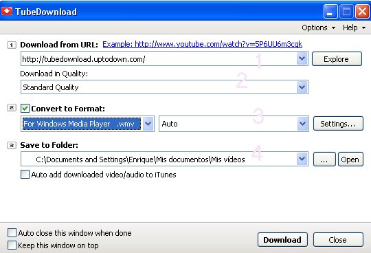 Ventana de TubeDownload para descargar vídeos