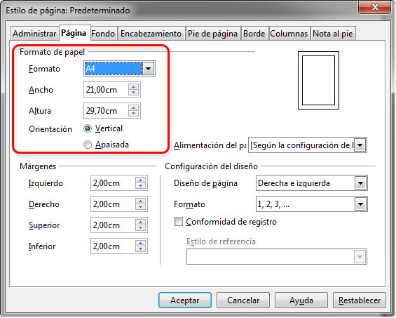 1.12. Configuración del tamaño del papel en Writer. Captura propia.