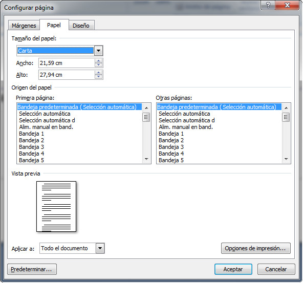 1.11. Configuración del tamaño del papel en Word 2007. Captura propia.