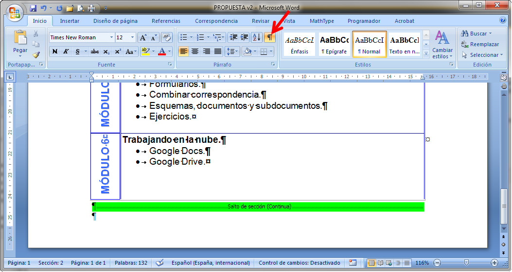 1.14. Visualización de los carácter ocultos en Word 2007. Captura propia.