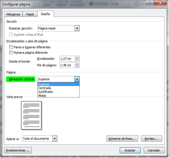 1.20. Configuración de la alineación vertical en Word 2007. Captura propia.