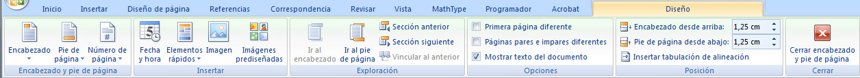 1.24. Ficha Diseño en Word 2007 para el trabajo con los encabezados y pies de página. Captura propia.