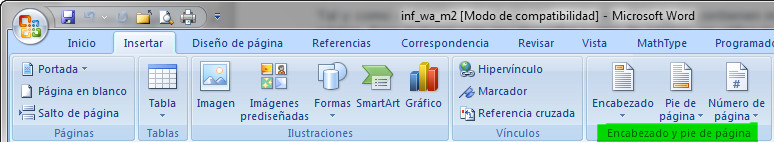 1.25. Grupo para la insercción de los encabezados y pies de página en Word 2007. Captura propia.