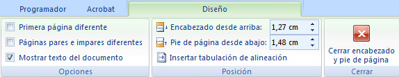 1.26. Iconos para trabajar con los encabezados y pies de página en Word 2007. Captura propia.