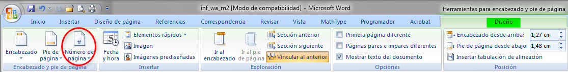 Fig. 1.32. Opciones para la insercción de los números de página en Word 2007. Captura propia.