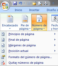 1.33. Opciones en la numeración de página en Word 2007. Captura propia.