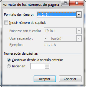 1.34. Configuración del número de página Word 2007. Captura propia.