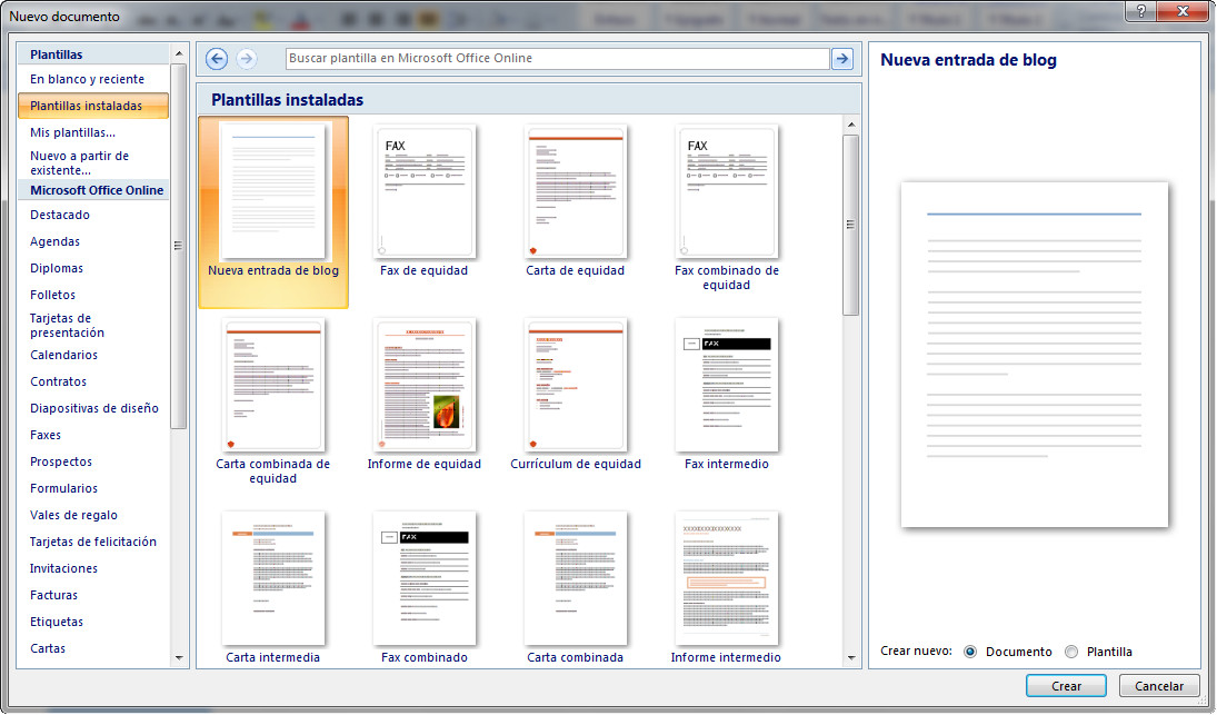 Fig. 1.37. Plantillas instaladas en Word 2007. Captura propia.