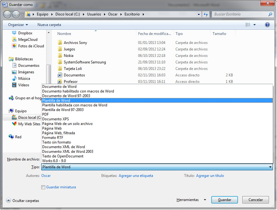 Fig. 1.38. Guardado de un documento con el formato de plantilla en Word 2007. Captura propia.
