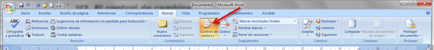 3.9. Activación de control de cambios en Word 2007. Captura propia.