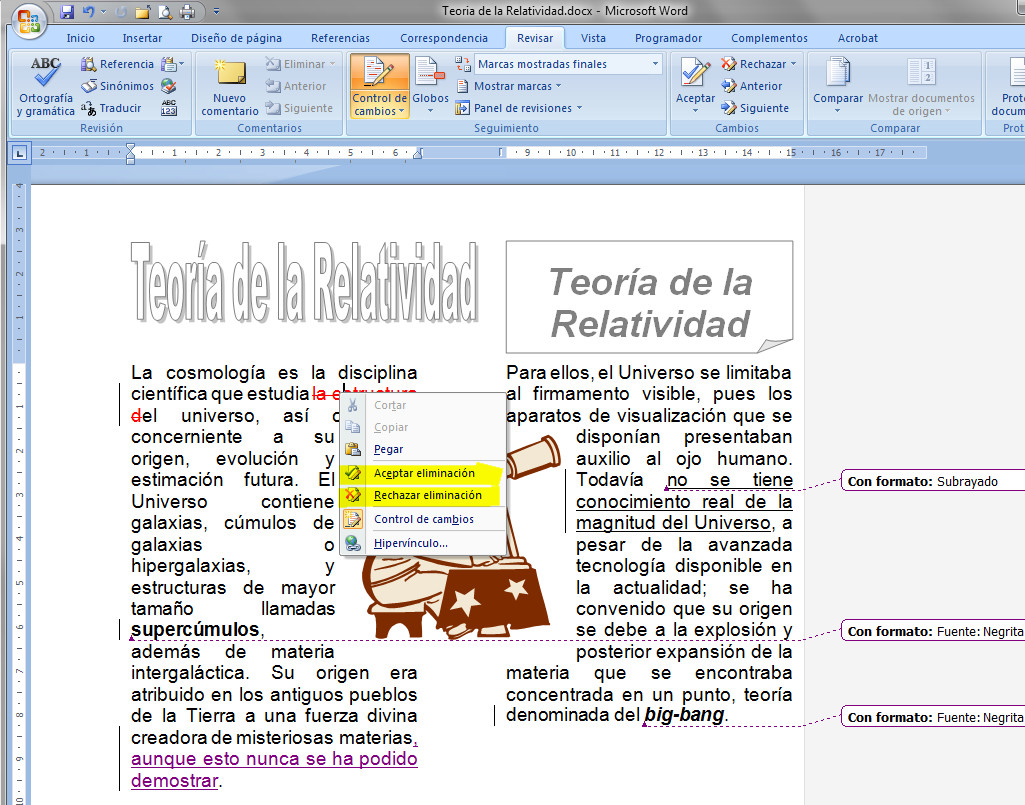 3.10. Aceptar o rechazar cambios en Word 2007. Captura propia.