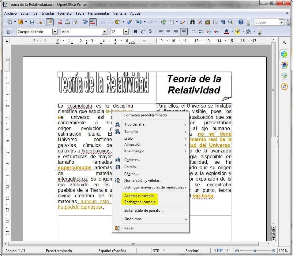 3.15. Aceptar o rechazar cambios en OpenOffice Writer. Captura propia.