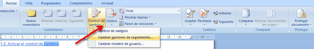 3.11. Personalización del control de cambios en Word 2007. Captura propia.