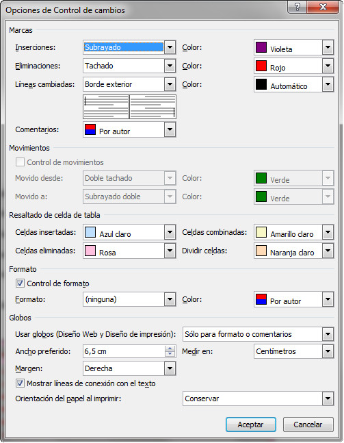 3.12. Opciones del control de cambios en Word 2007. Captura propia.