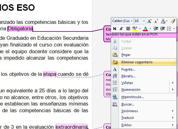 3.18. Eliminar un comentario en Word. Captura propia.