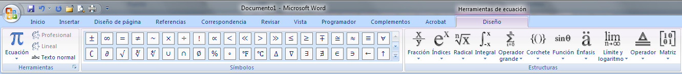 4.8. Herramientas para la creación y edición de ecuaciones en Word 2007. Captura propia.