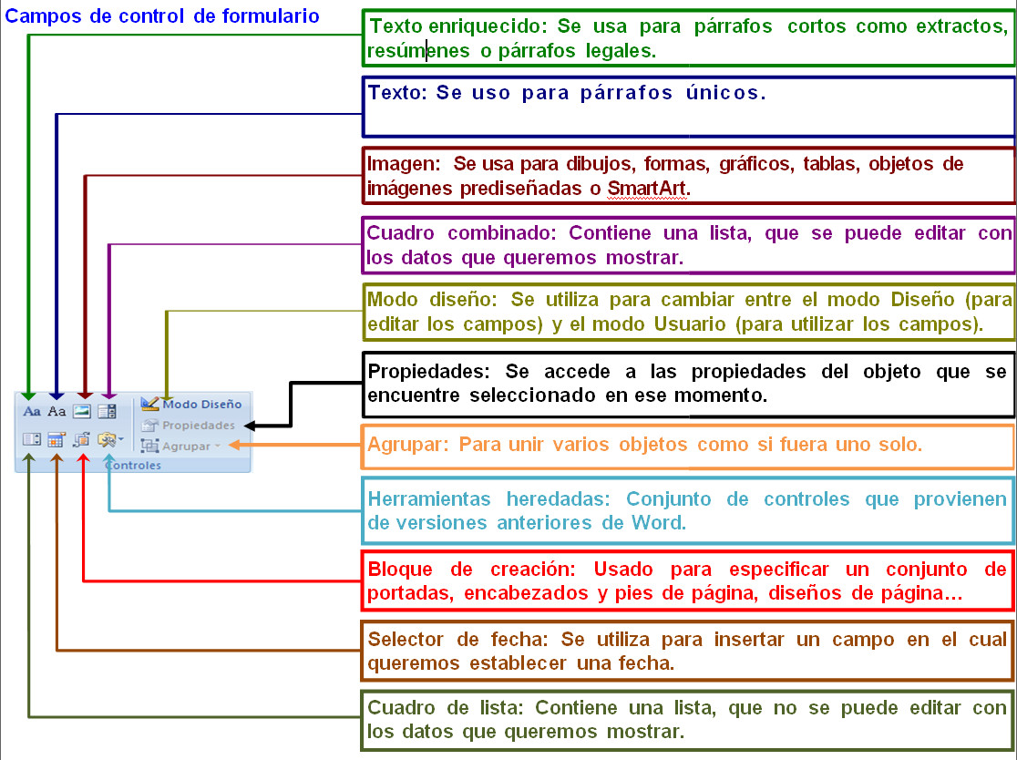 5.5. Controles para trabajar con formularios en Word 2007. Captura propia.