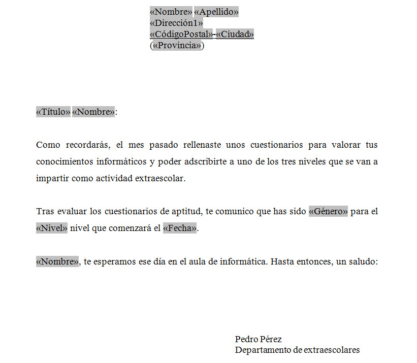 5.10. Posible ejemplo de carta de admisión a una actividad extraescolar. Captura propia.